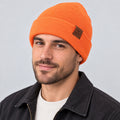 Unisex Solid Ribbed Cuff Beanie - orange worn view