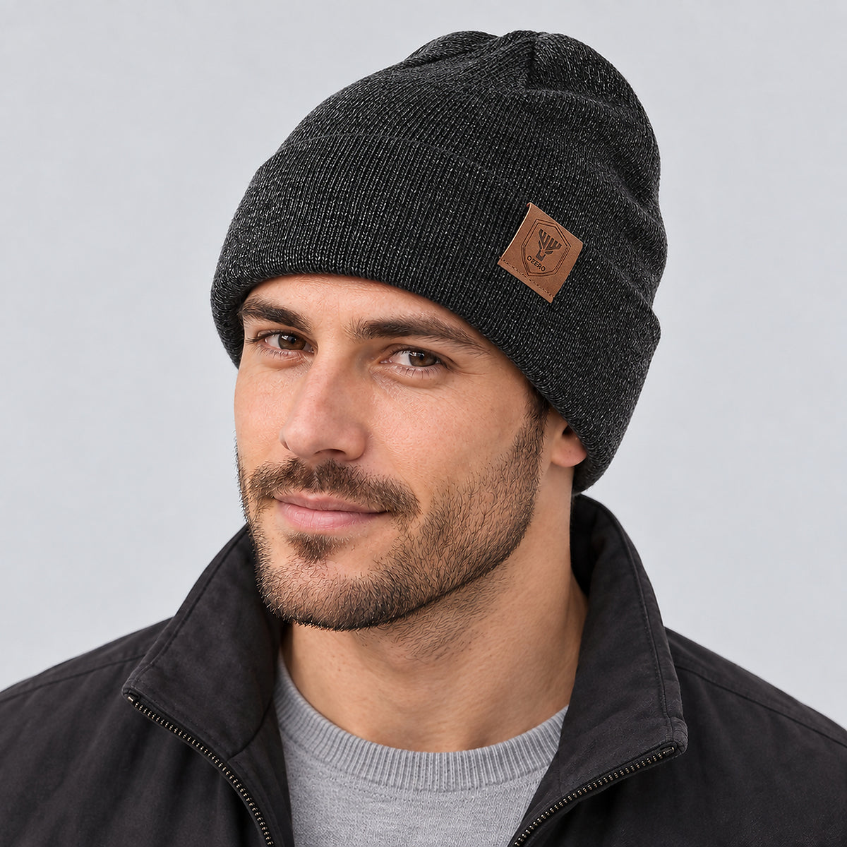 Unisex Solid Ribbed Cuff Beanie - charcoal worn view