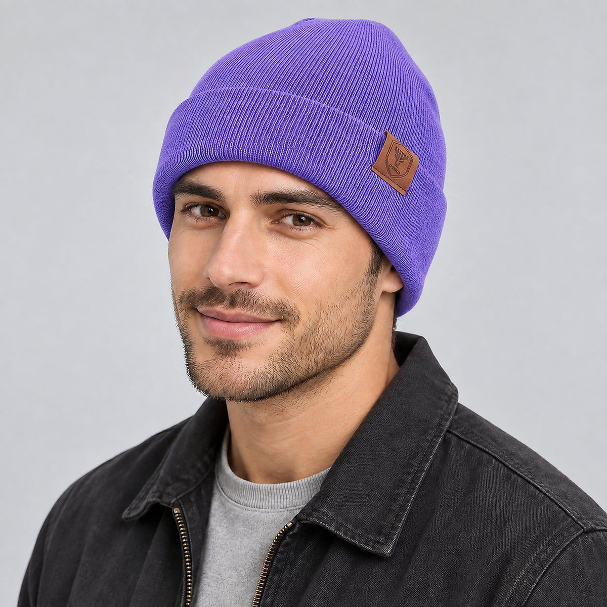 Unisex Solid Ribbed Cuff Beanie - purple worn view