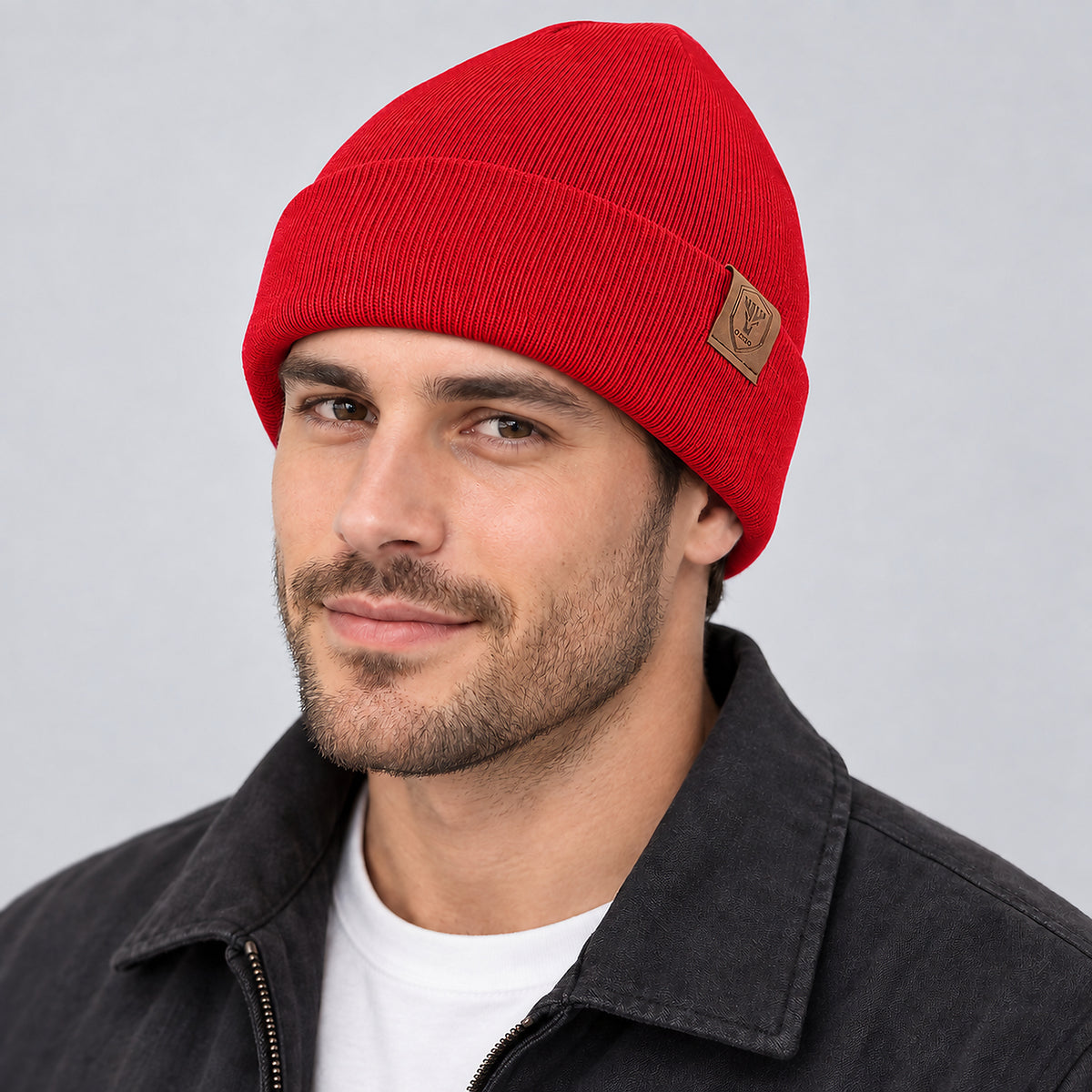 Unisex Solid Ribbed Cuff Beanie - red worn view