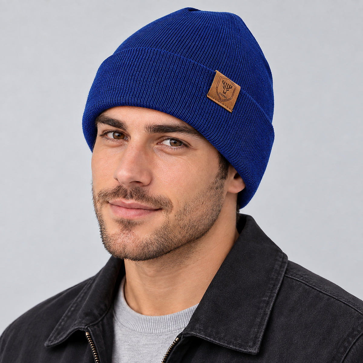 Unisex Solid Ribbed Cuff Beanie - blue worn view