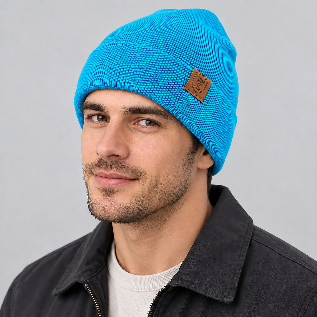 Unisex Solid Ribbed Cuff Beanie - teal worn view