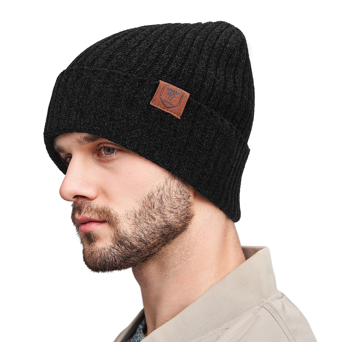 Unisex Solid Ribbed Cuff Beanie - black worn view