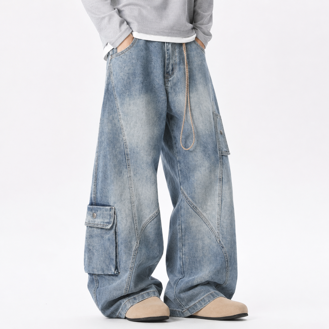 VAREN FORM Utility Pocket Wide-Leg Jeans blue wash model front
