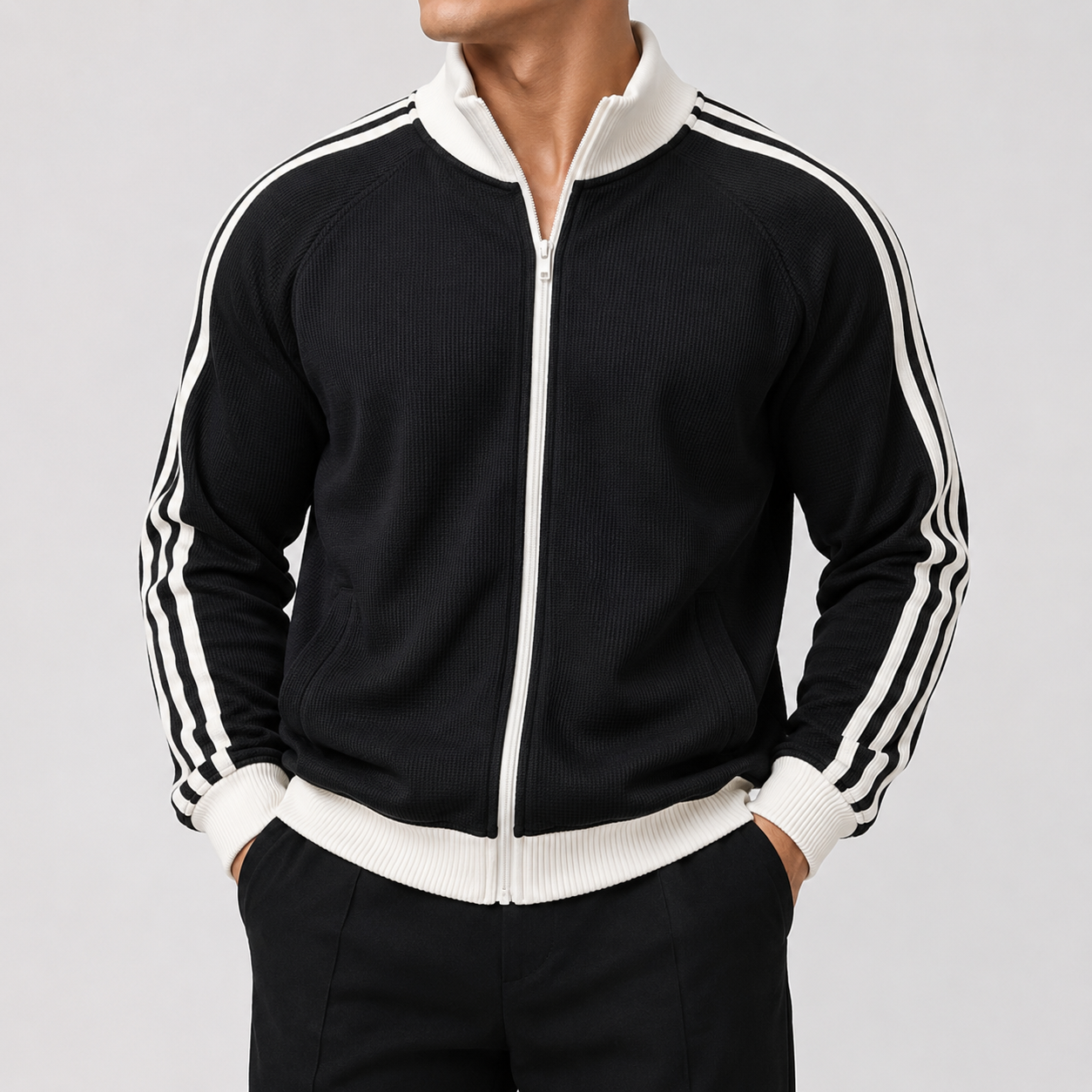 VAREN FORM Varsity Stripe Zip Track Jacket black white stripe model front