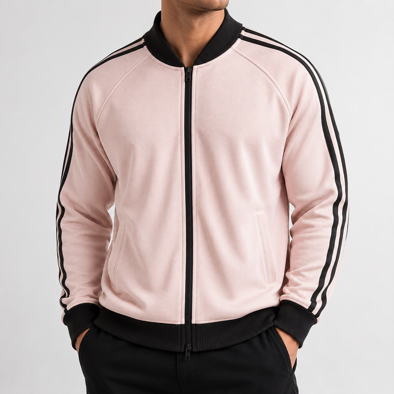 VAREN FORM Varsity Stripe Zip Track Jacket coral black stripe model front