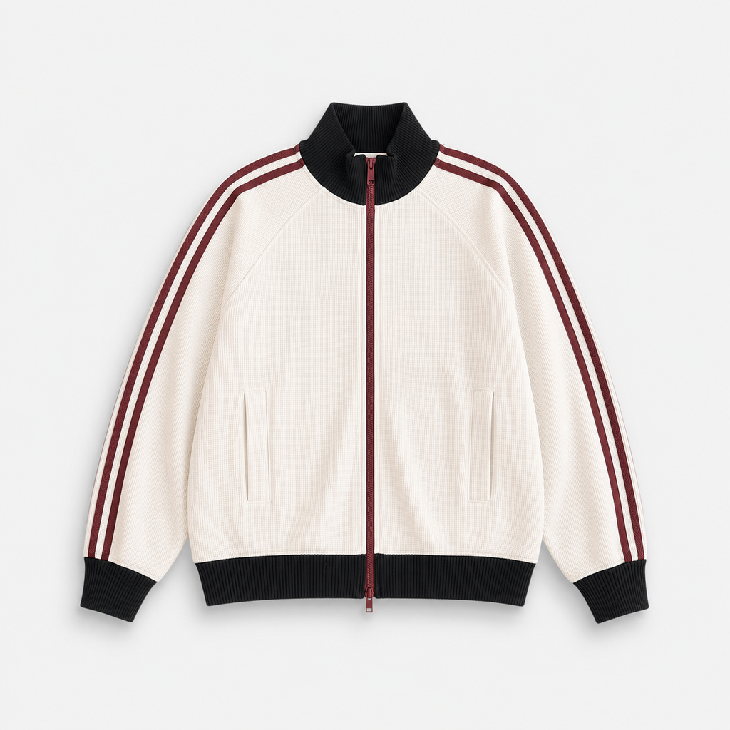 VAREN FORM Varsity Stripe Zip Track Jacket ivory burgundy stripe product front
