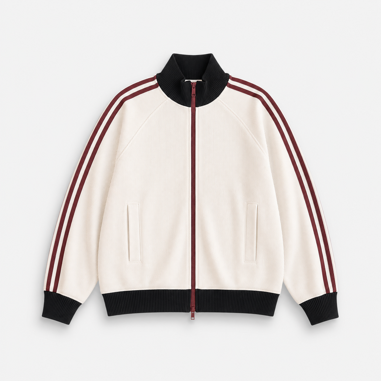 VAREN FORM Varsity Stripe Zip Track Jacket ivory burgundy stripe product front