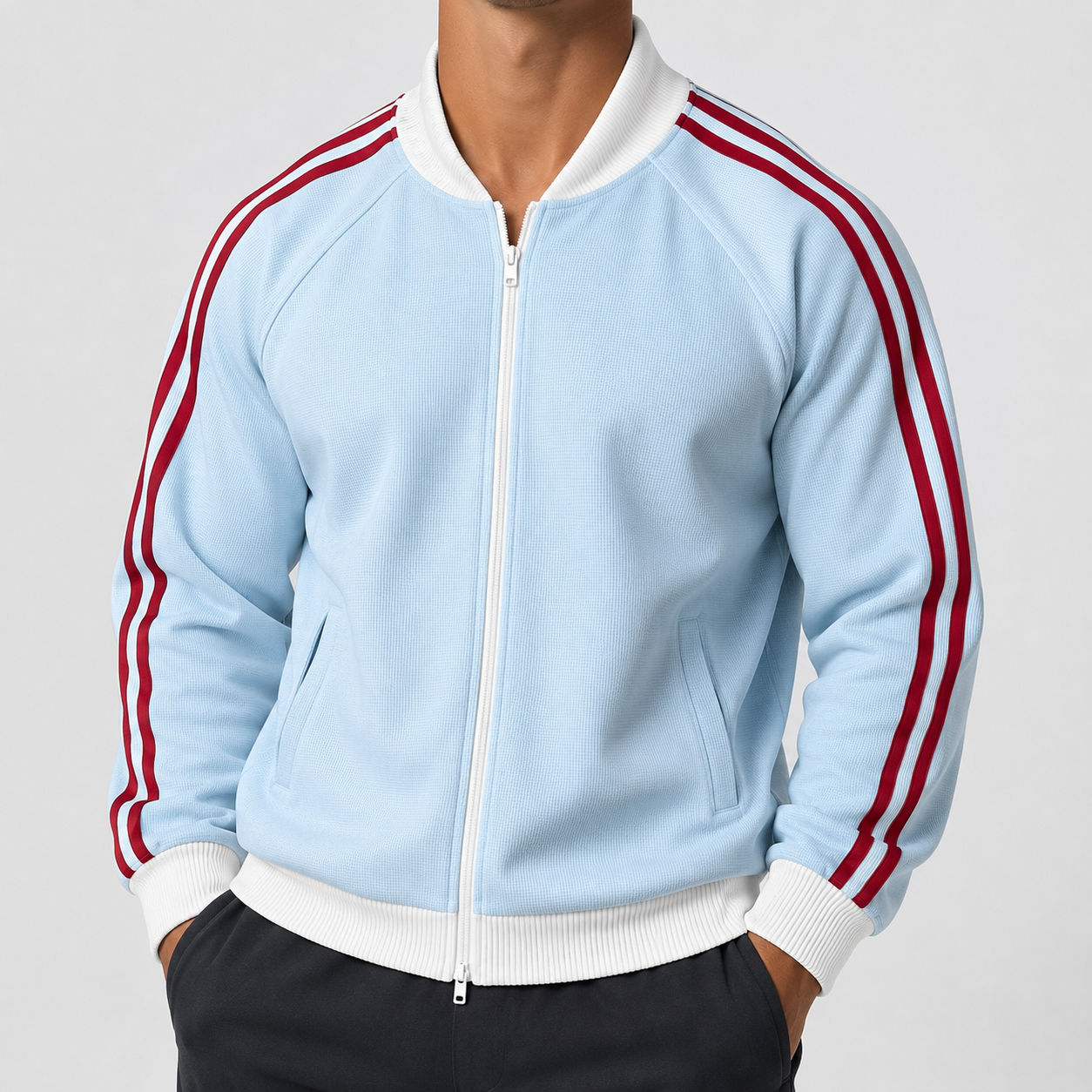 VAREN FORM Varsity Stripe Zip Track Jacket powder blue red stripe model front
