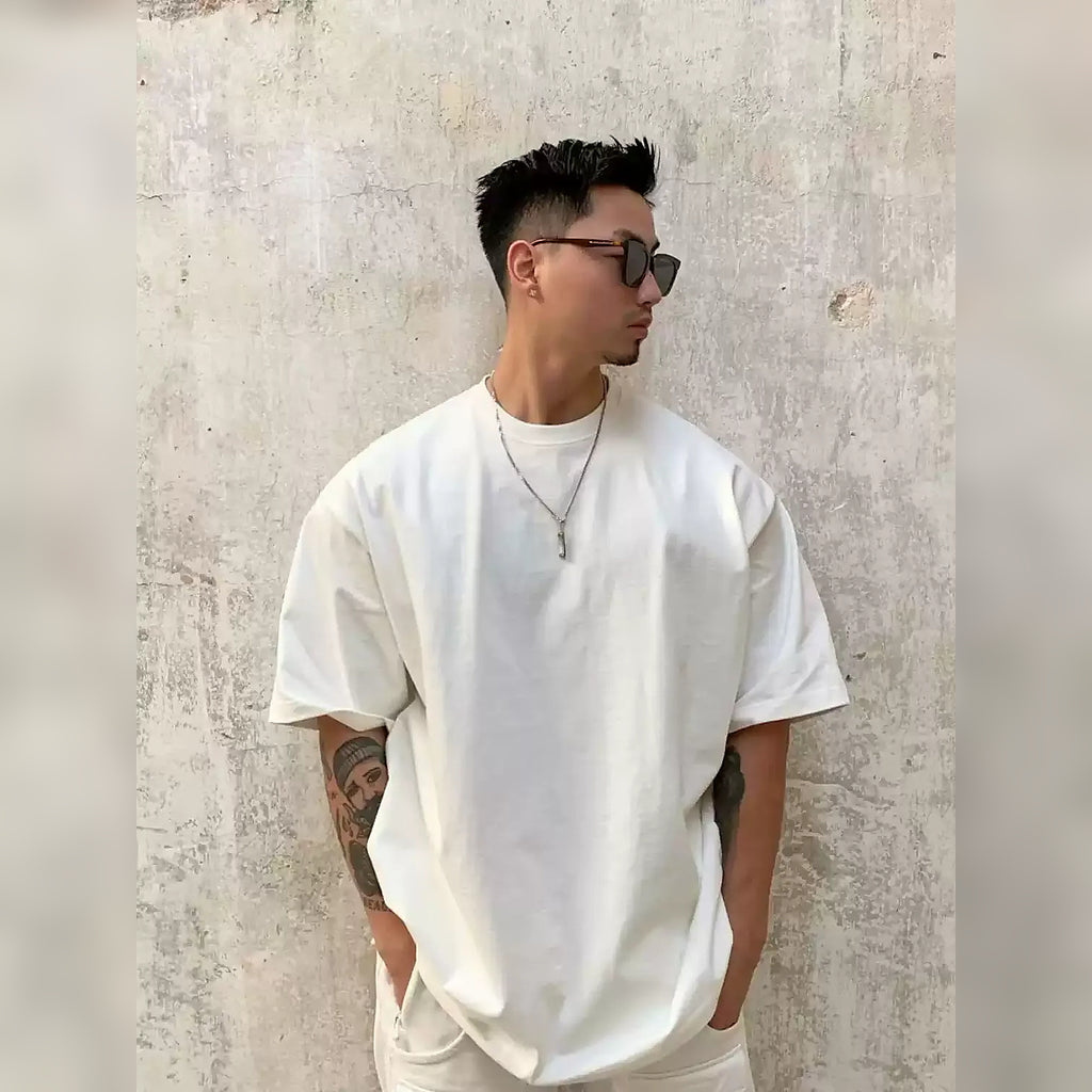 Men's white 320 GSM heavyweight cotton short-sleeve crewneck T-shirt, side outfit view