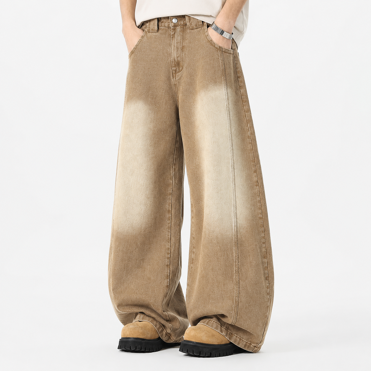 VAREN FORM Vintage Washed Curved Wide-Leg Jeans khaki wash model front