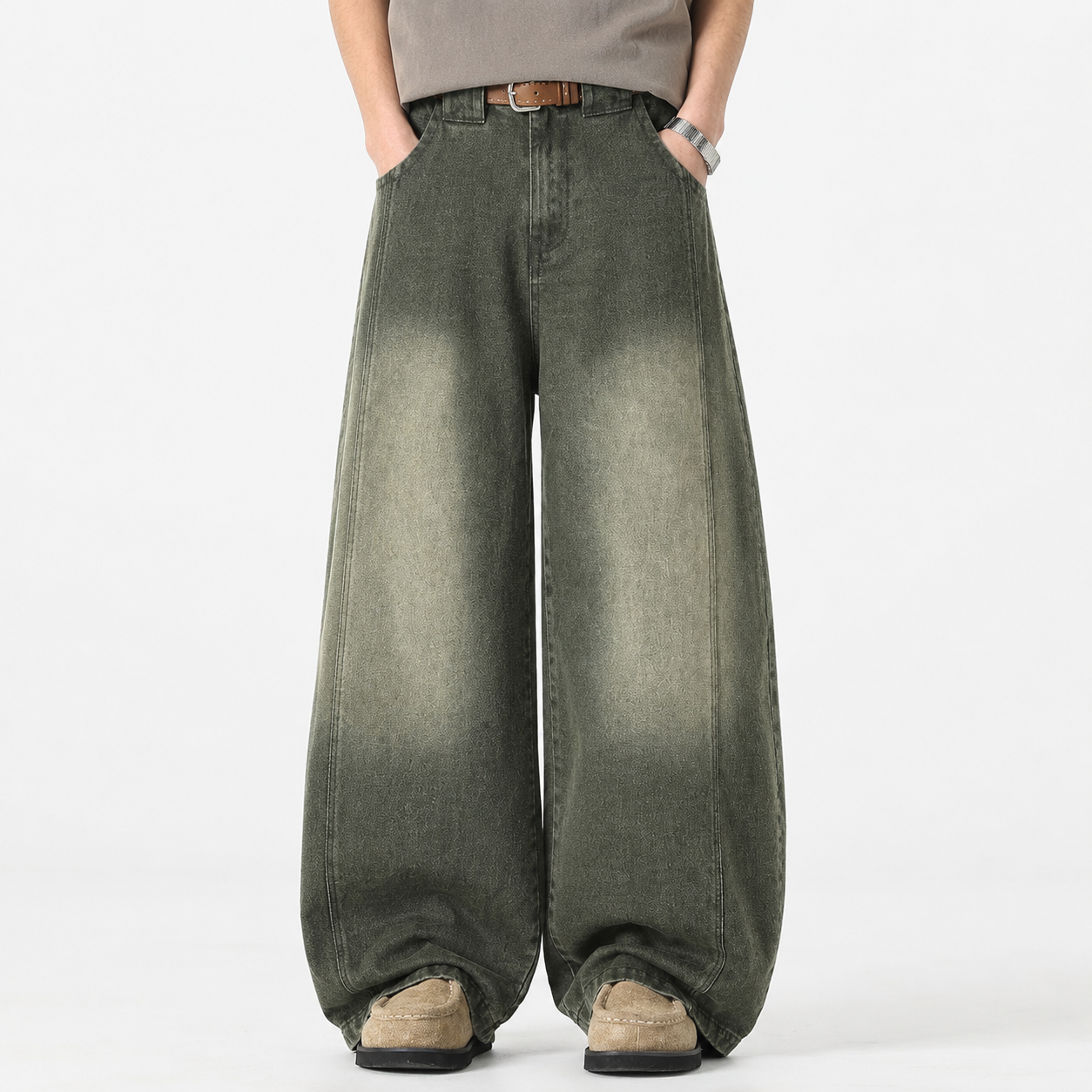 VAREN FORM Vintage Washed Curved Wide-Leg Jeans olive green wash model front