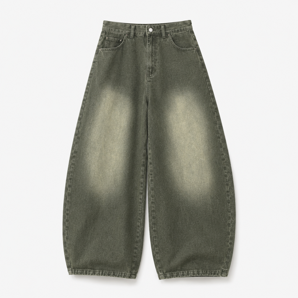 VAREN FORM Vintage Washed Curved Wide-Leg Jeans olive green wash product front