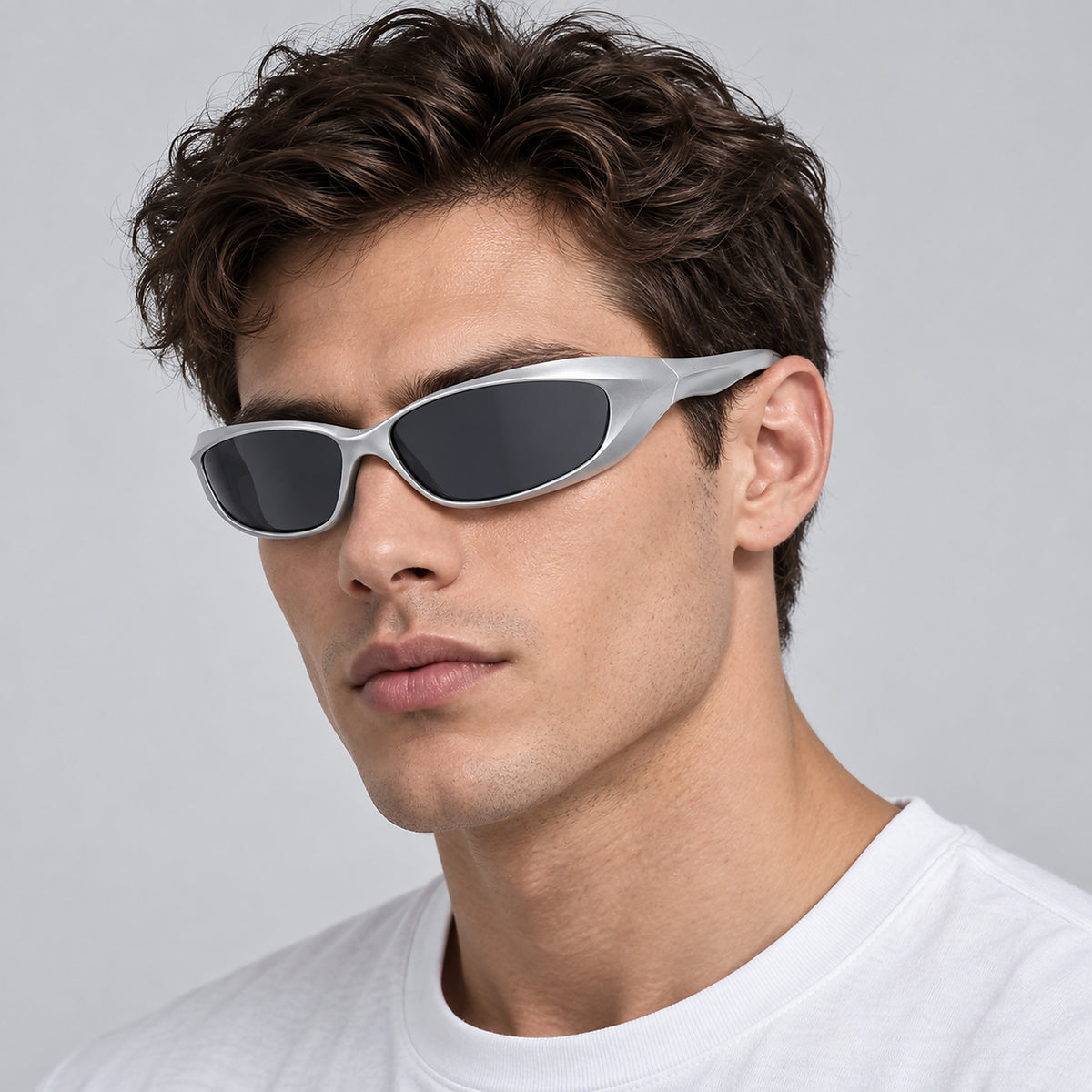 Wraparound Punk Sport Sunglasses - silver worn view