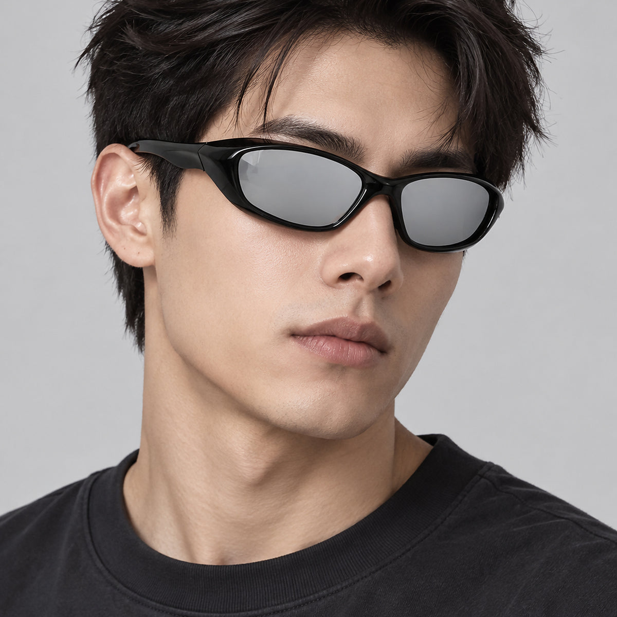 Wraparound Punk Sport Sunglasses - black/silver worn view