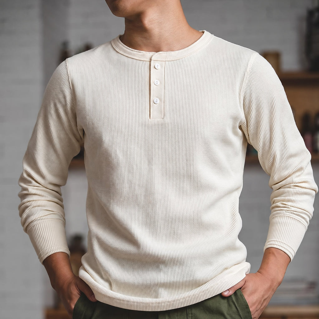 Men's Heavyweight Waffle-Knit Henley Long-Sleeve Tee - product view