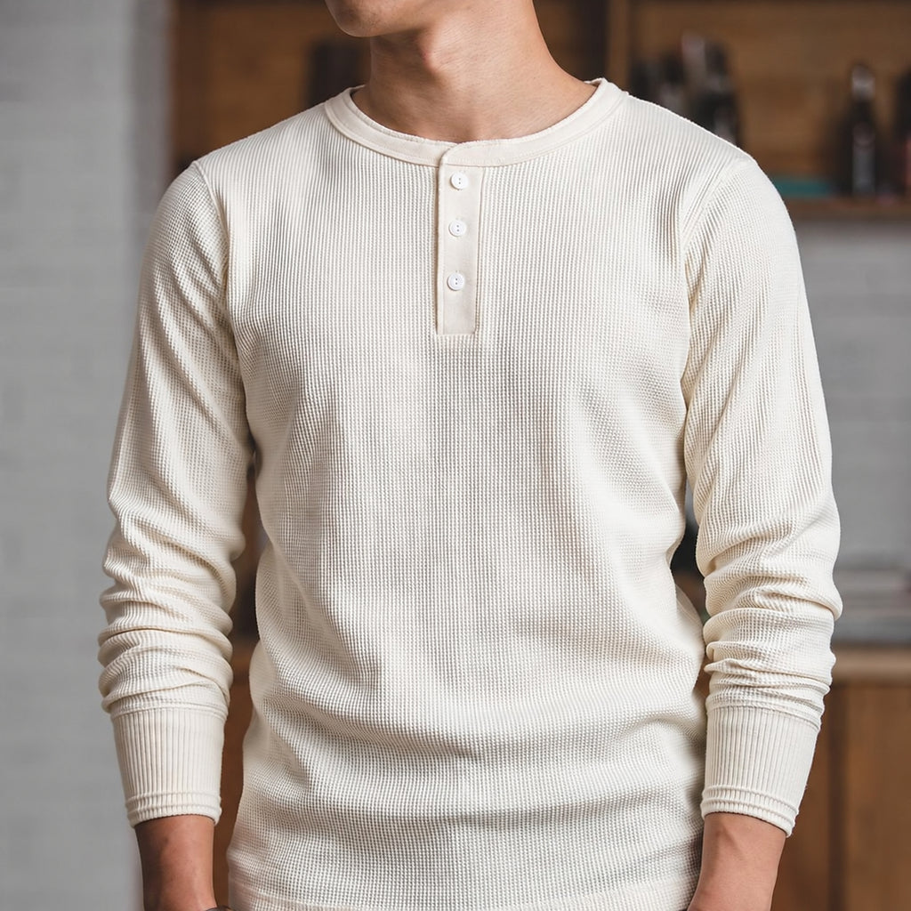 Men's Heavyweight Waffle-Knit Henley Long-Sleeve Tee - Ivory view
