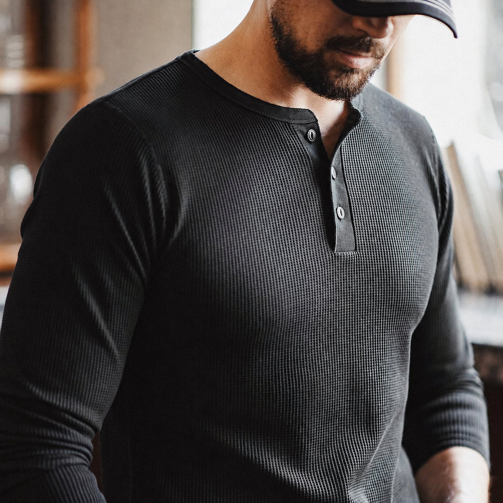Men's Heavyweight Waffle-Knit Henley Long-Sleeve Tee - product view