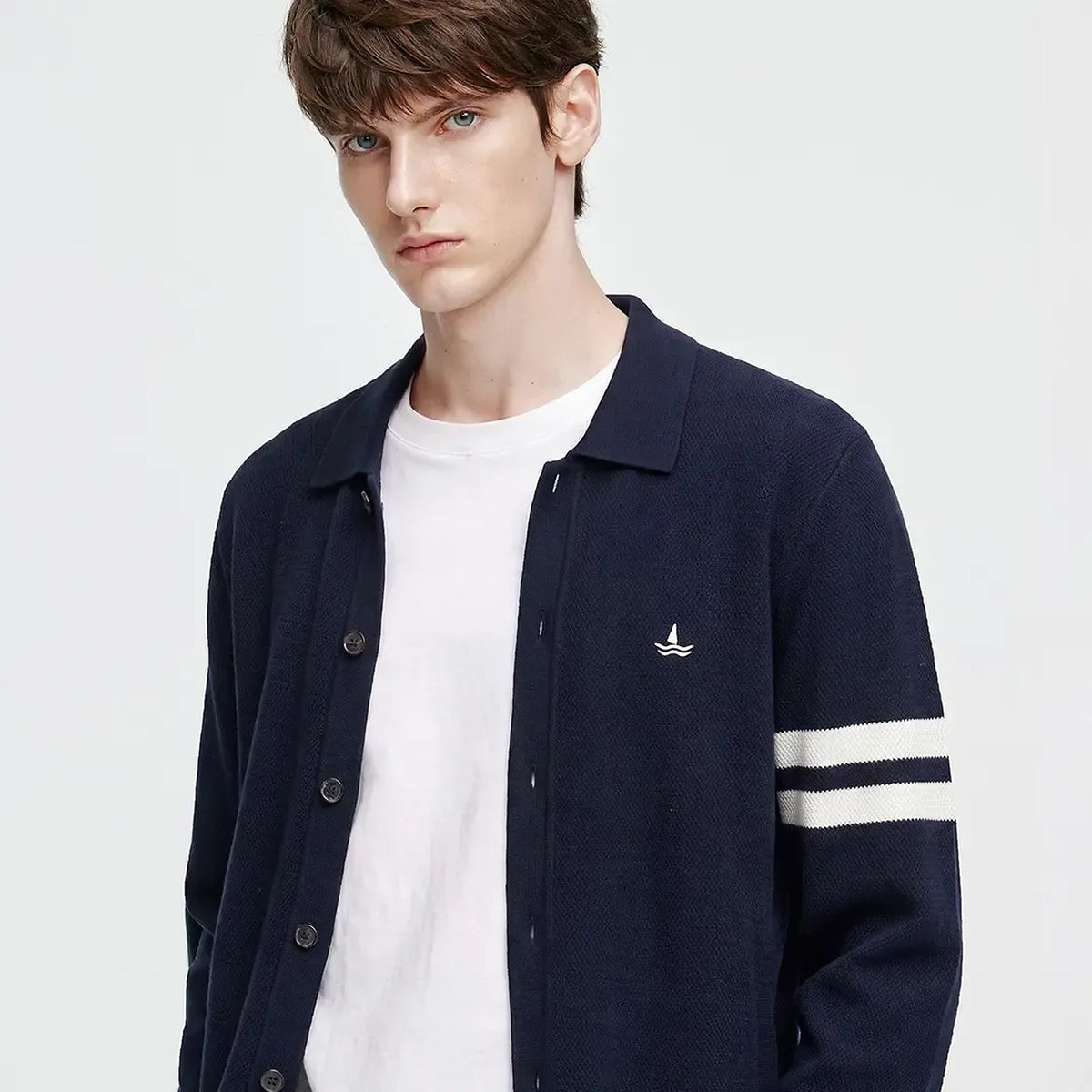 Men's Sailboat-Embroidered Striped Knit Cardigan - product view