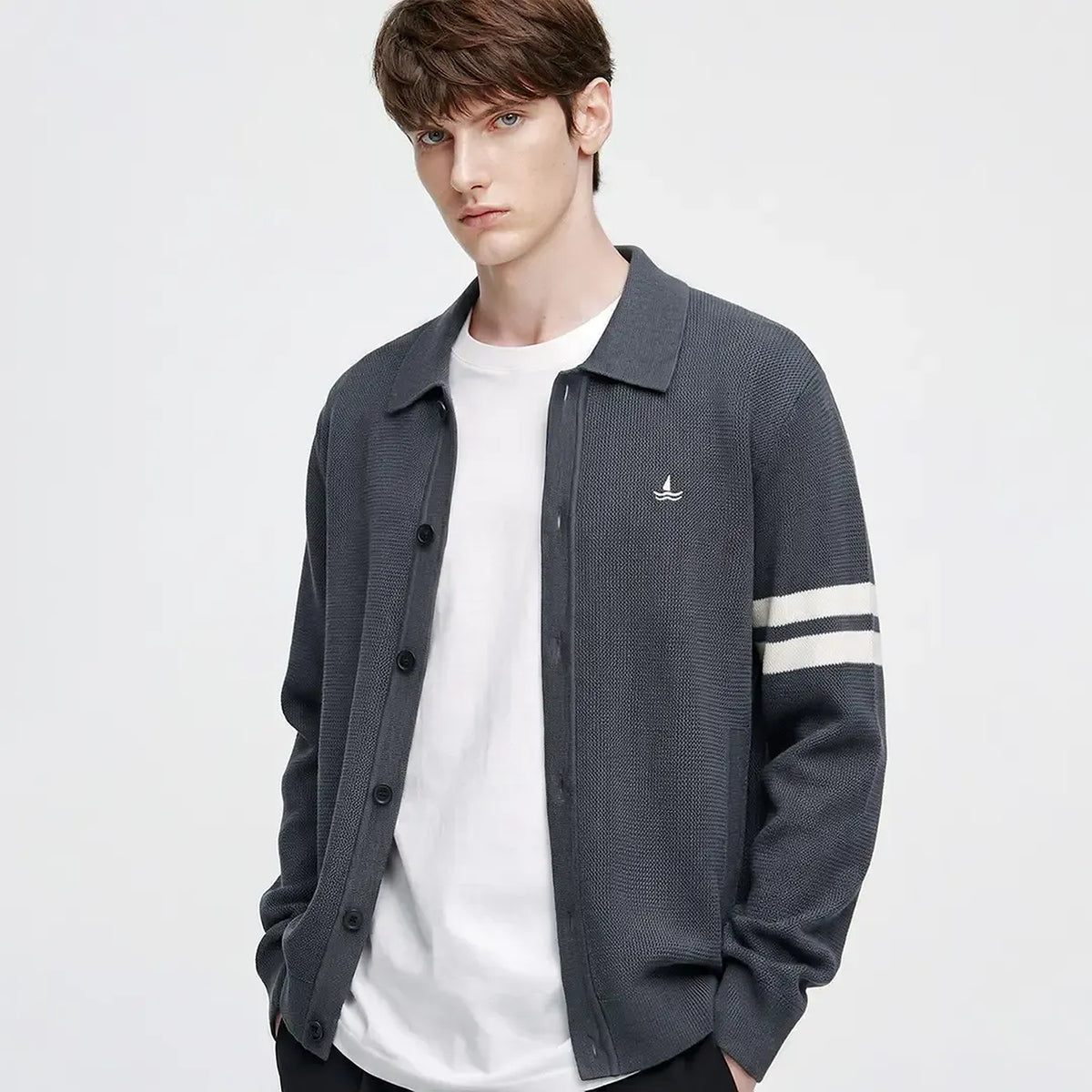 Men's Sailboat-Embroidered Striped Knit Cardigan - product view