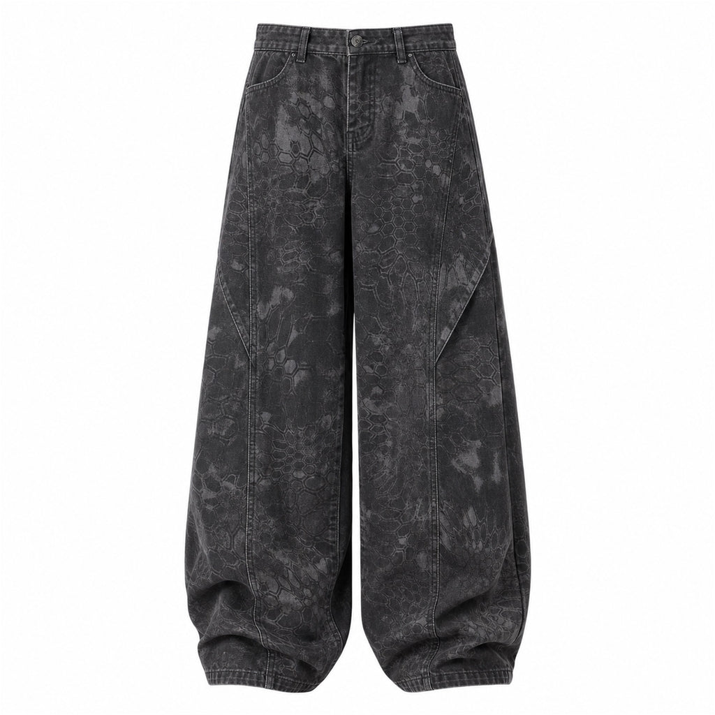 VAREN FORM Vintage Print Wide-Leg Jeans in Washed Black for men's gym-to-street wear
