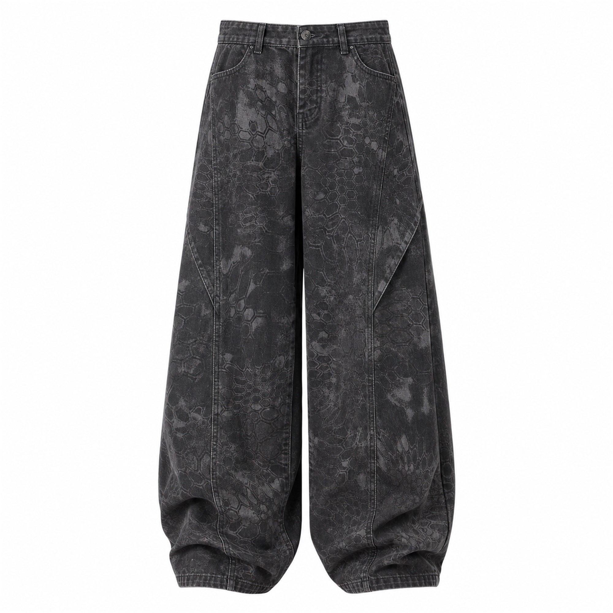 VAREN FORM Vintage Print Wide-Leg Jeans in Washed Black for men's gym-to-street wear