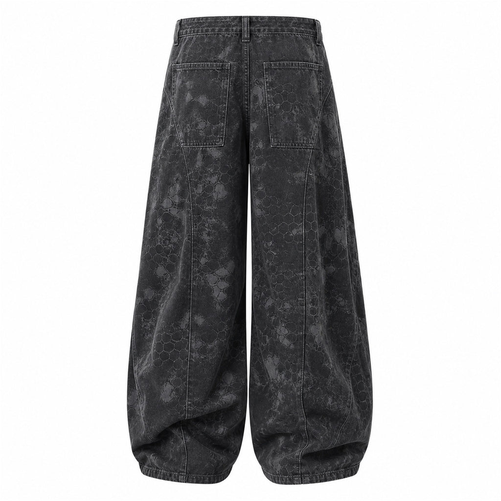 VAREN FORM Vintage Print Wide-Leg Jeans in Washed Black for men's gym-to-street wear