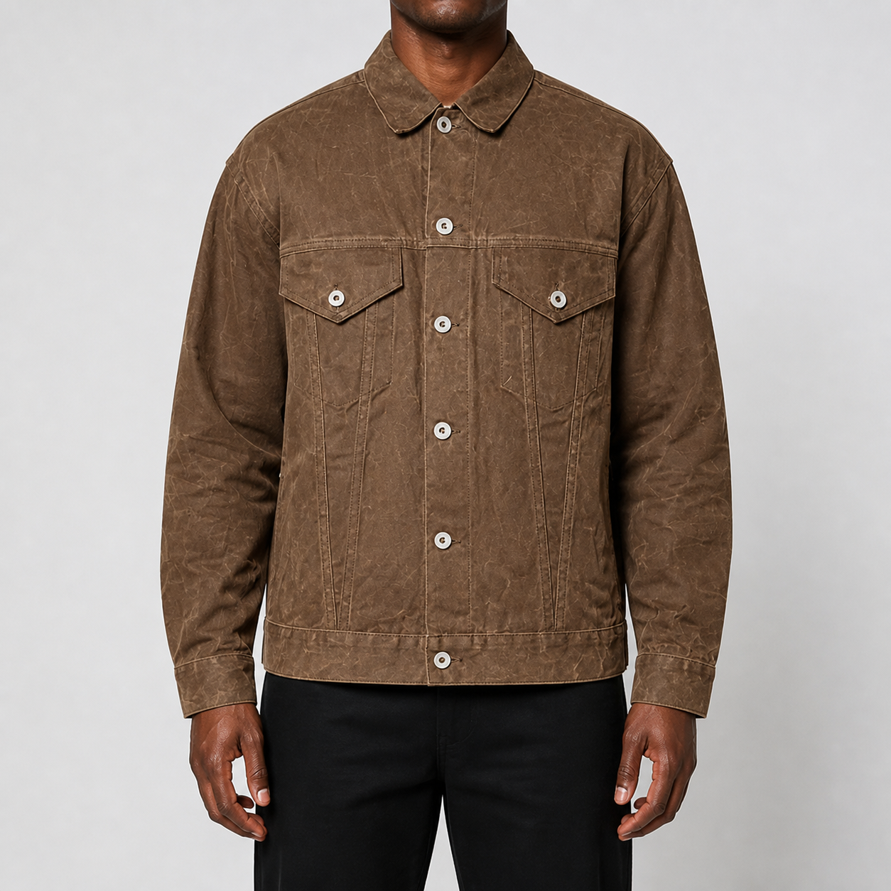 Men's vintage waxed canvas hunting jacket in Tobacco Brown – front view