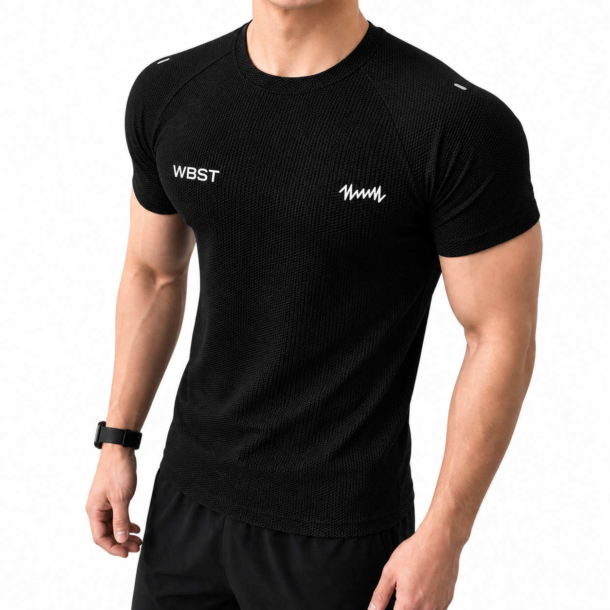 Royal blue men's textured workout shirt with WBST logo and raglan seams