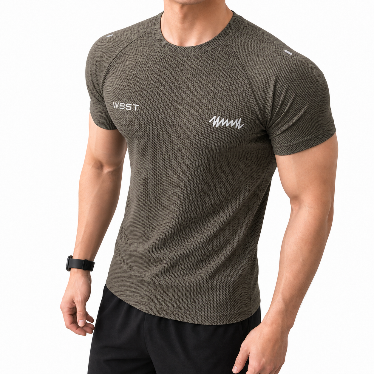 Olive men's muscle fit training shirt with breathable textured fabric