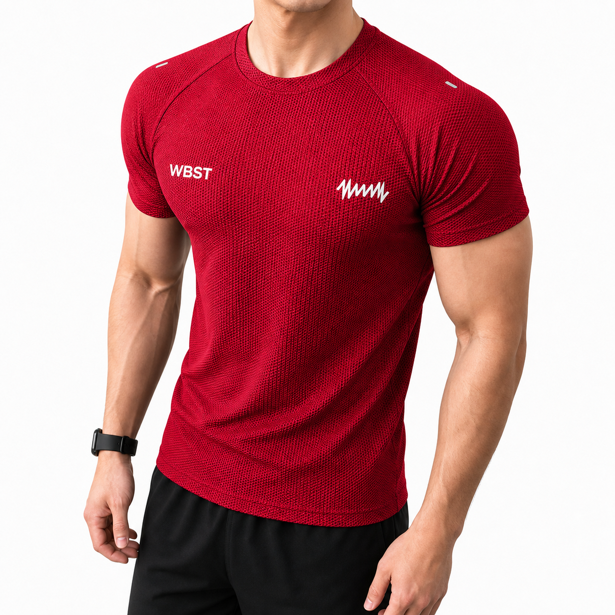 Black men's WBST textured muscle fit training shirt with fitted sleeves